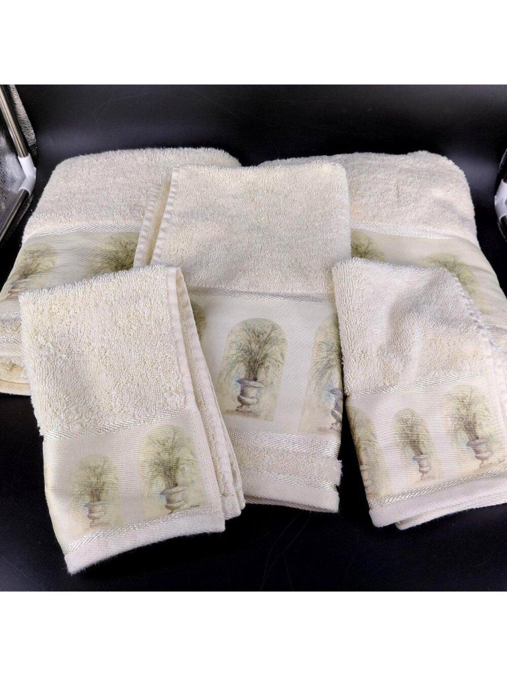 Croscill Beige Cotton Towel Set Bath Hand Finger Botanical Fresco Grasses 5 pc